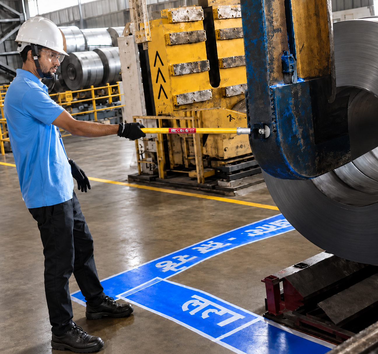 Worker engaging a large ferrous load with a PSC hands-free tool