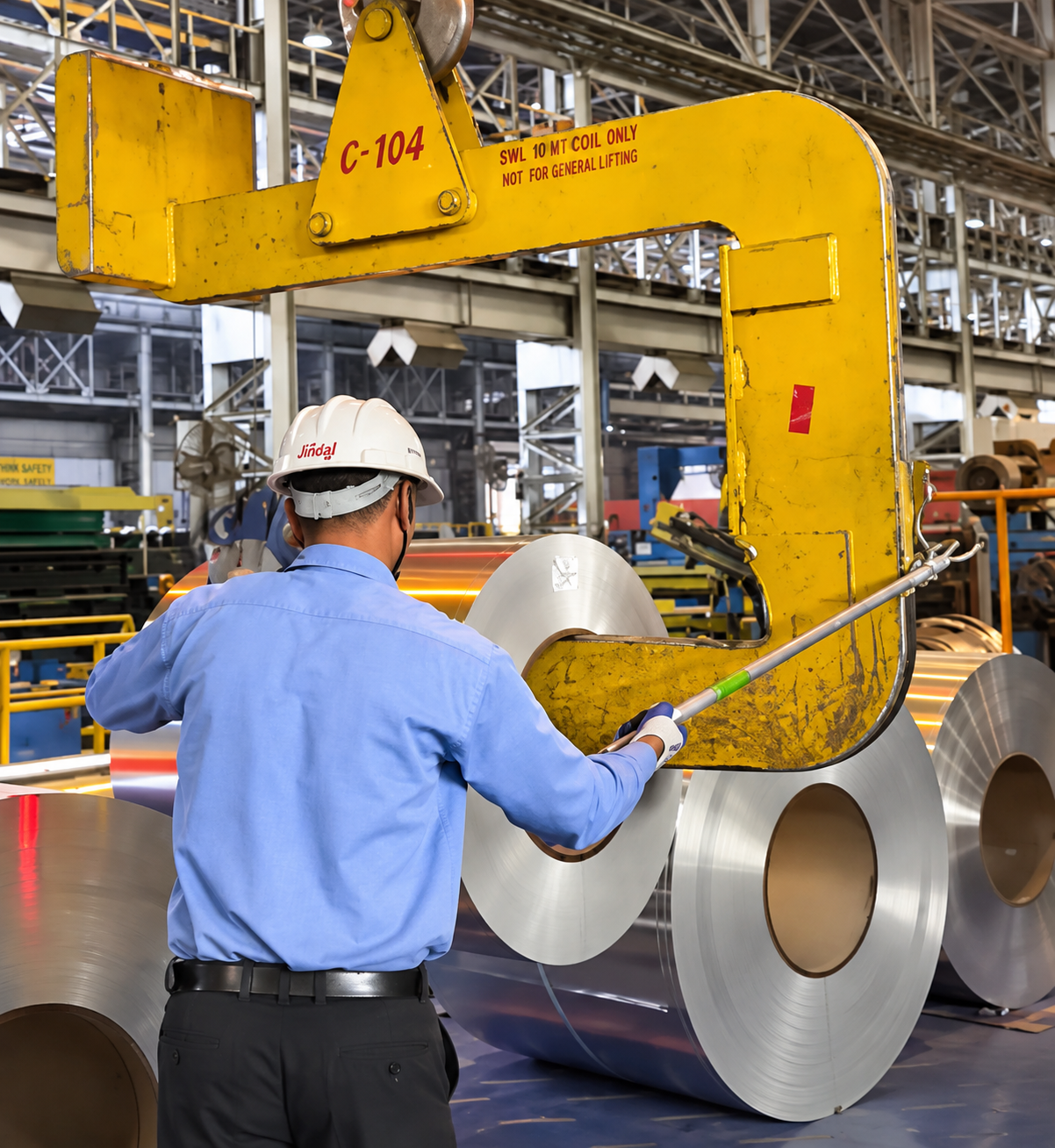 Worker using a PSC tool to position a large steel coil
