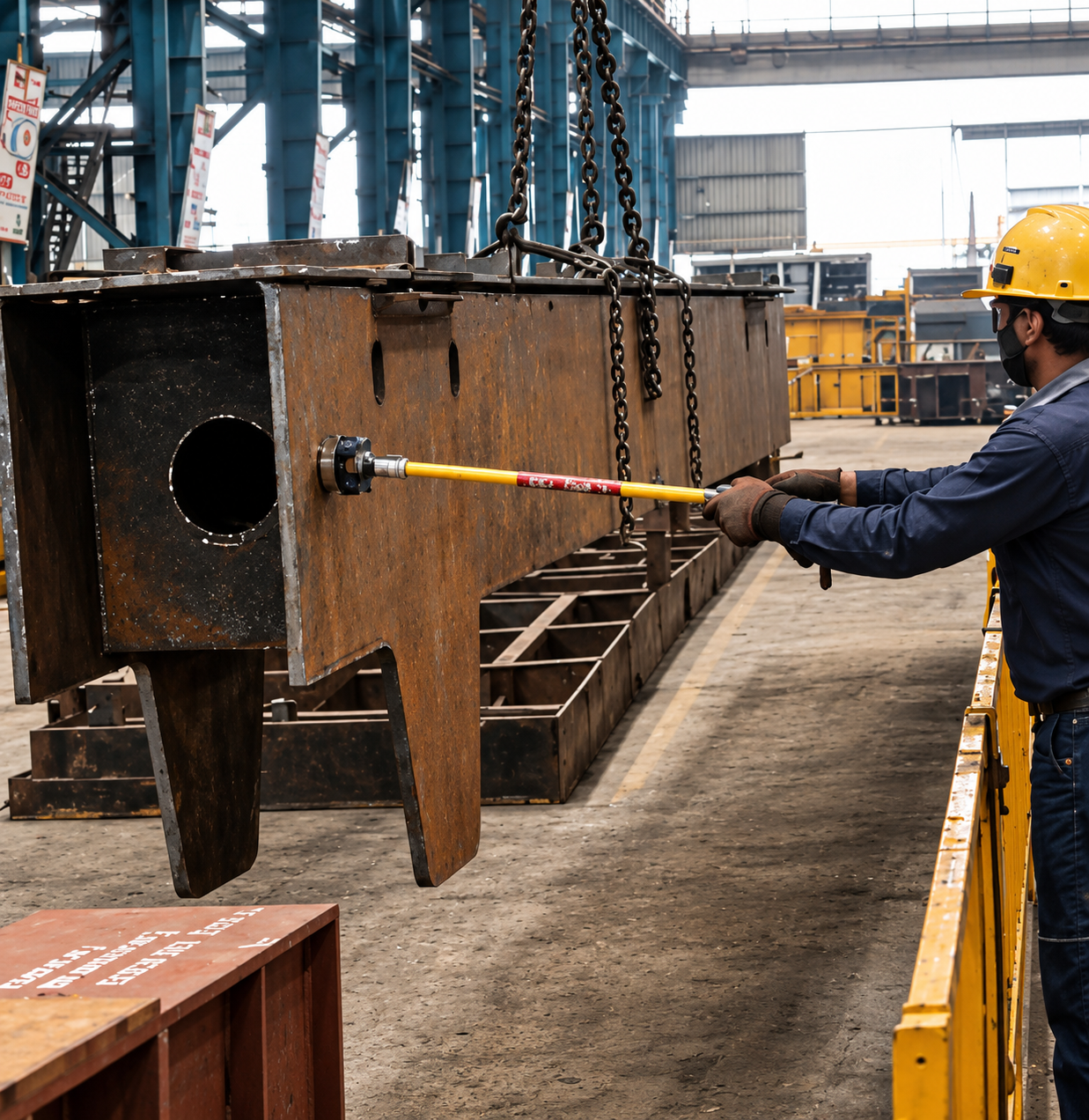 Worker controlling a suspended structural load from stand-off distance