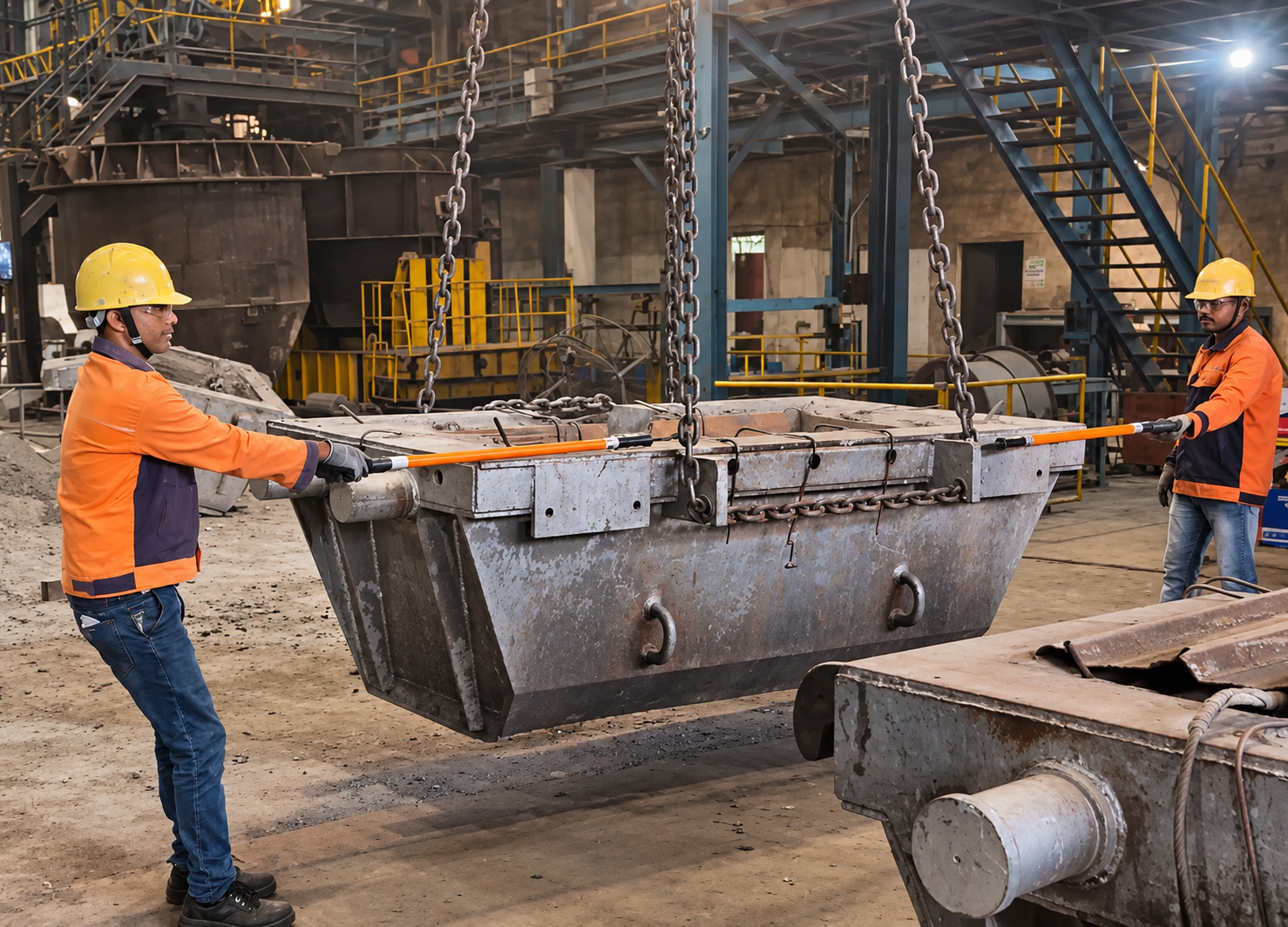 Two workers using long PSC tools to control a suspended industrial load