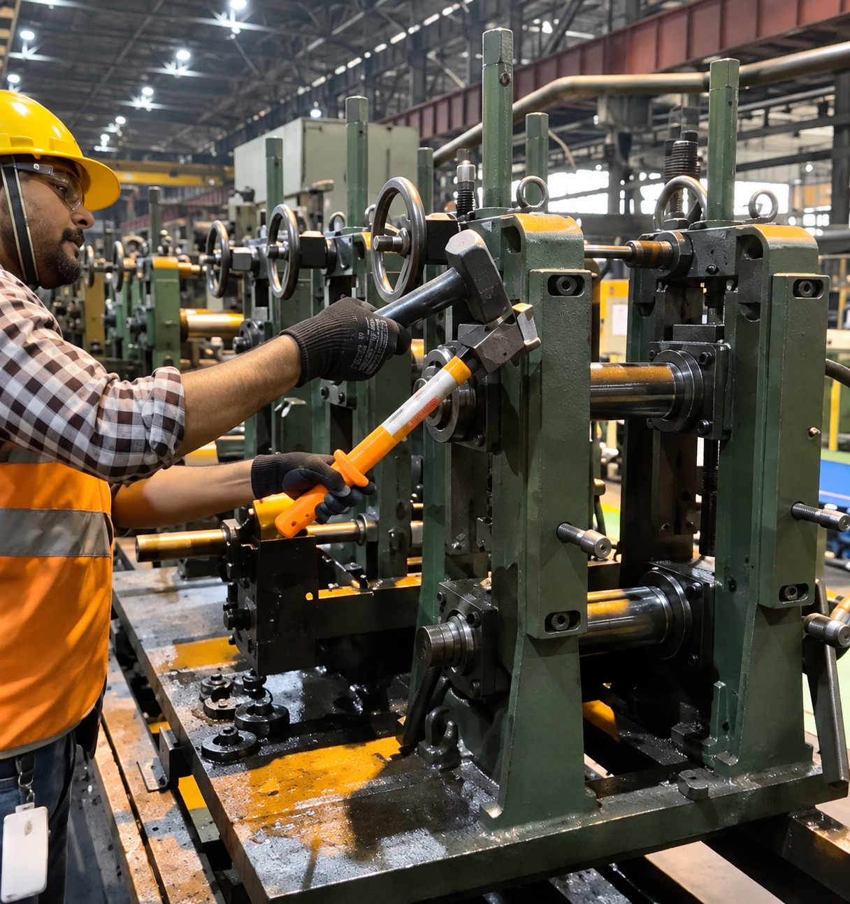Worker using a PSC Fingersaver to keep the holding hand away from the impact zone