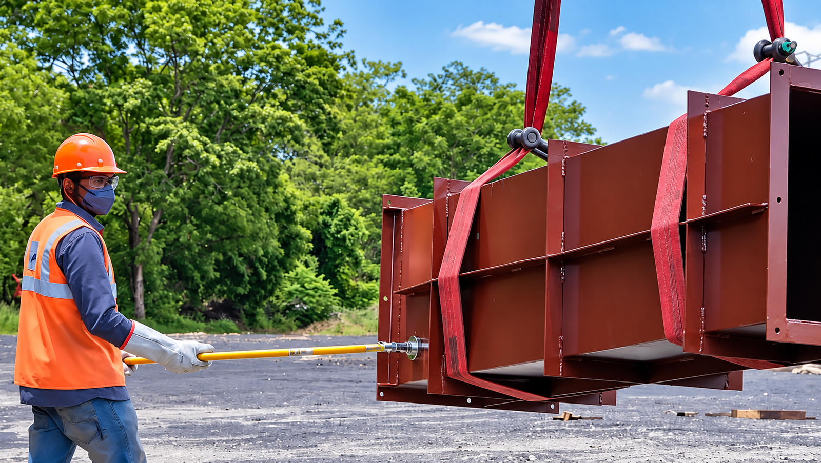 PSC load-control tool being used to guide a suspended steel fabrication