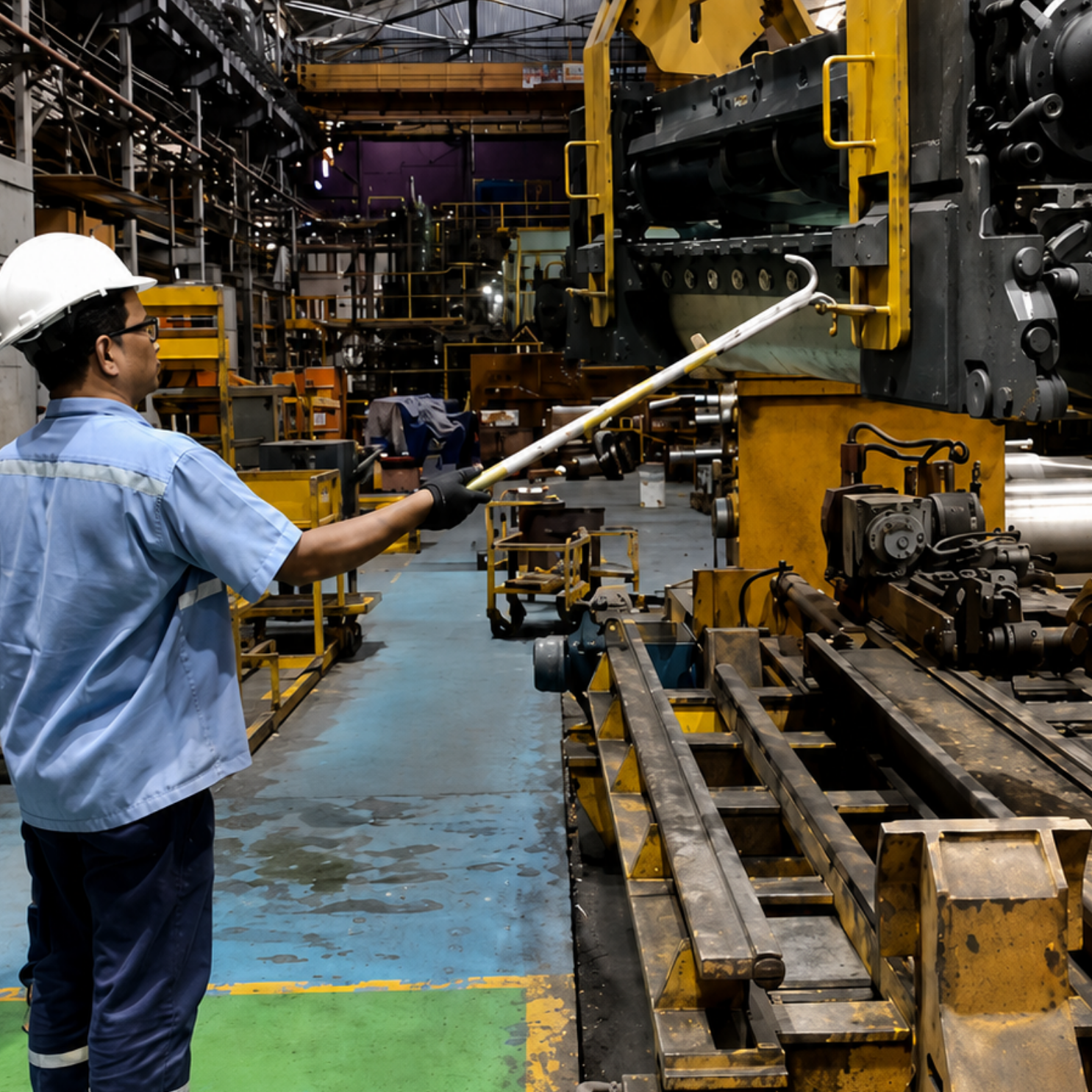 Worker controlling a suspended steel load with a long PSC tool