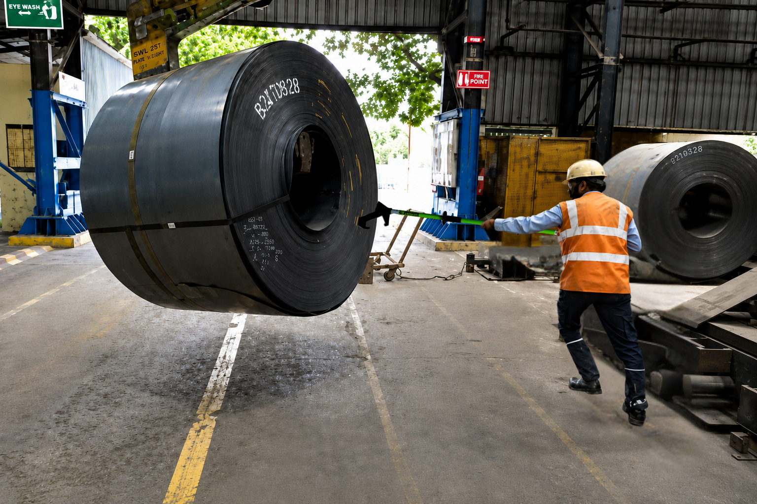 Worker using a PSC long-reach tool to control a suspended load