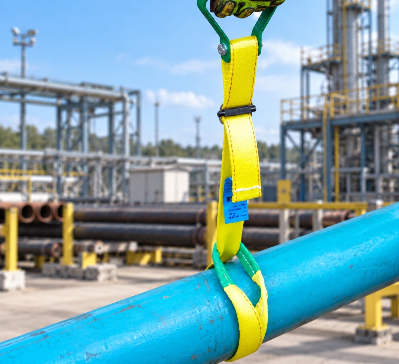 Worker using PSC manual lifting aids to carry a pipe section