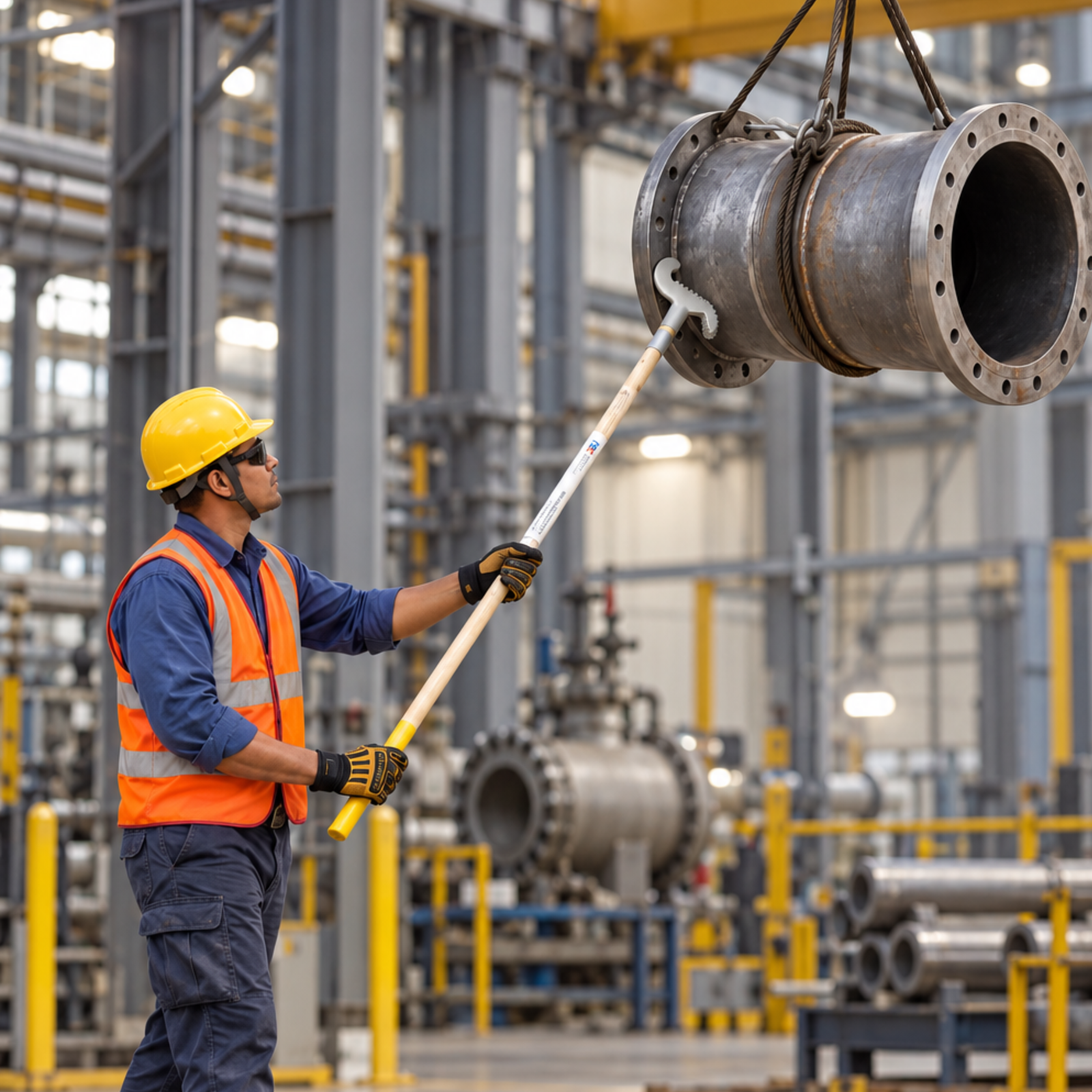 Worker controlling a suspended load with a tagline