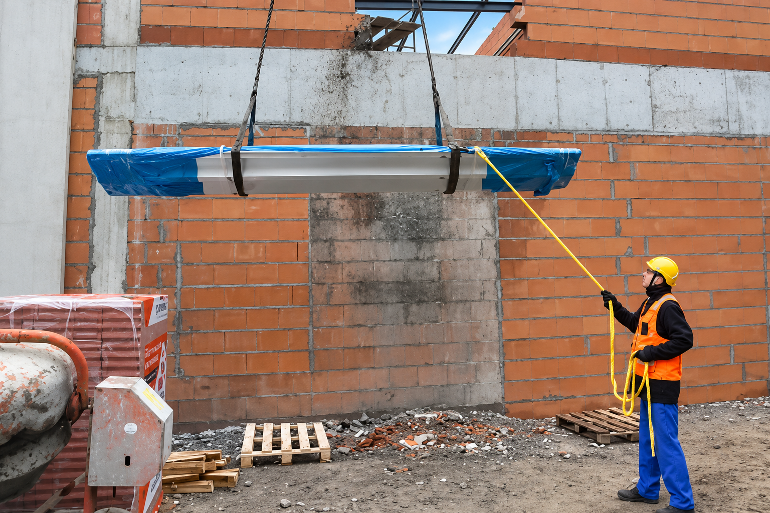 Worker controlling a suspended load with a tagline