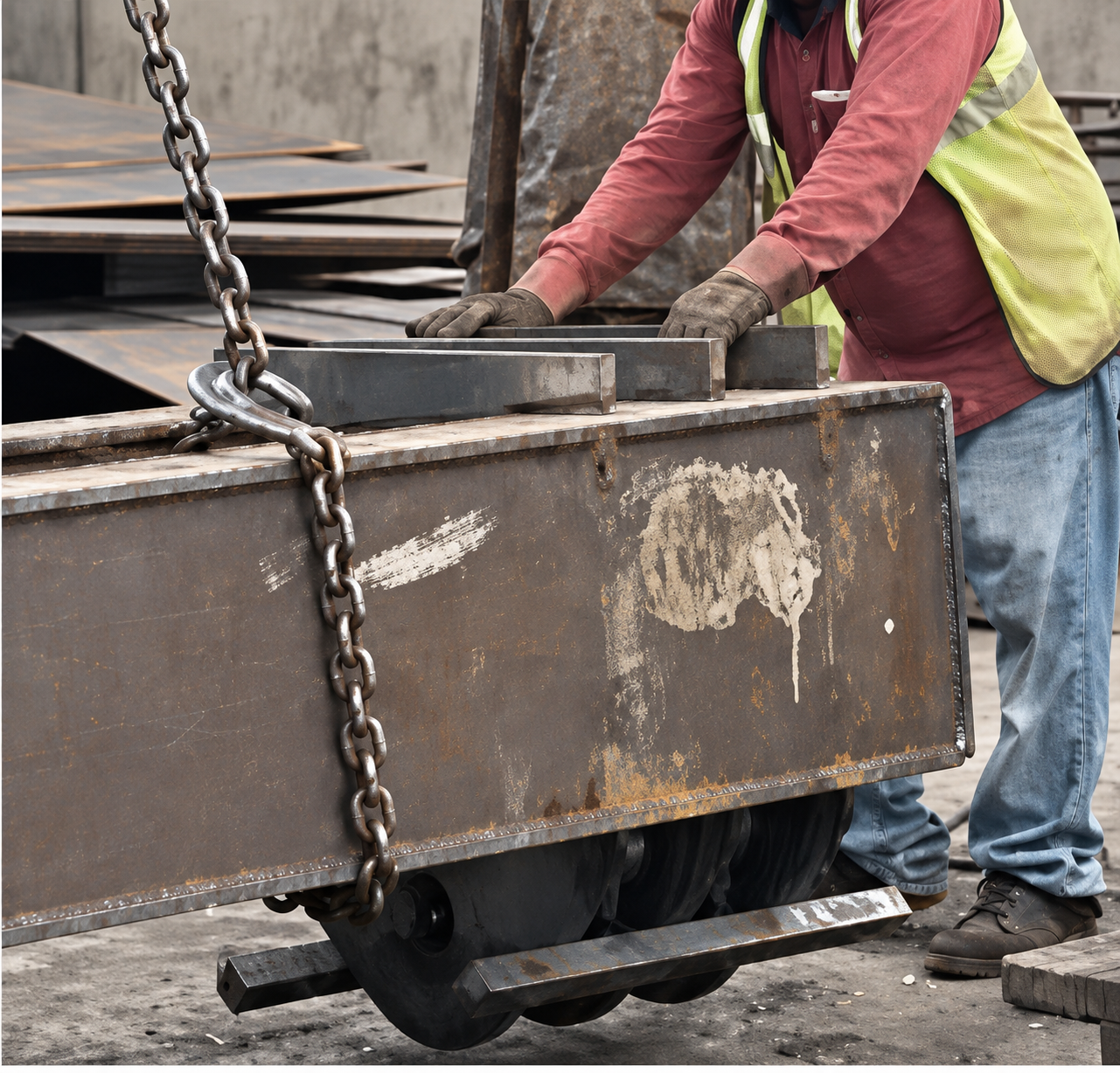 Worker's hands placed directly on a suspended steel load